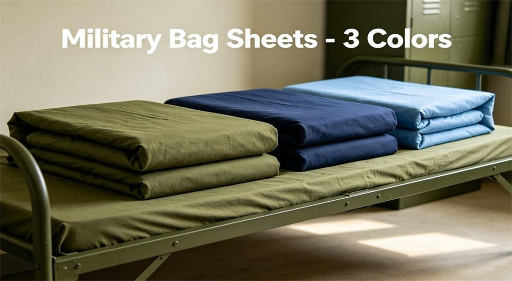 Military bed sheets in olive navy and grey polyester colours displayed on a cot for bulk military textiles order selection for military textiles wholesale buyers comparing fabric options