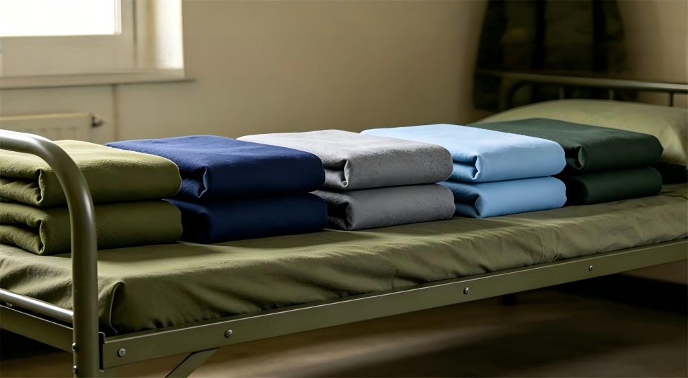 Olive green military comforter folded neatly on a cot for bulk military textiles accommodation supply for military textiles wholesale accommodation and shelter programs