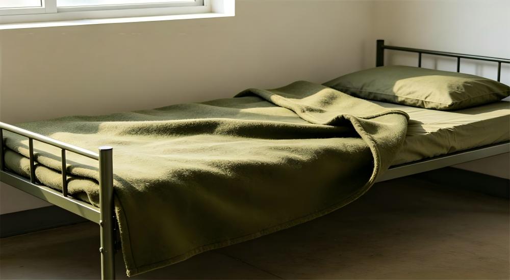 Navy blue military wool blanket displayed on a cot for army wool blanket wholesale catalog listing for wholesale military blankets catalogue and tender reference