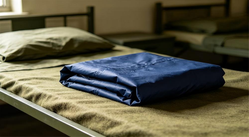 Navy blue military rain poncho folded on a cot for bulk military ponchos institutional order packing for military ponchos wholesale bulk shelter and field supply