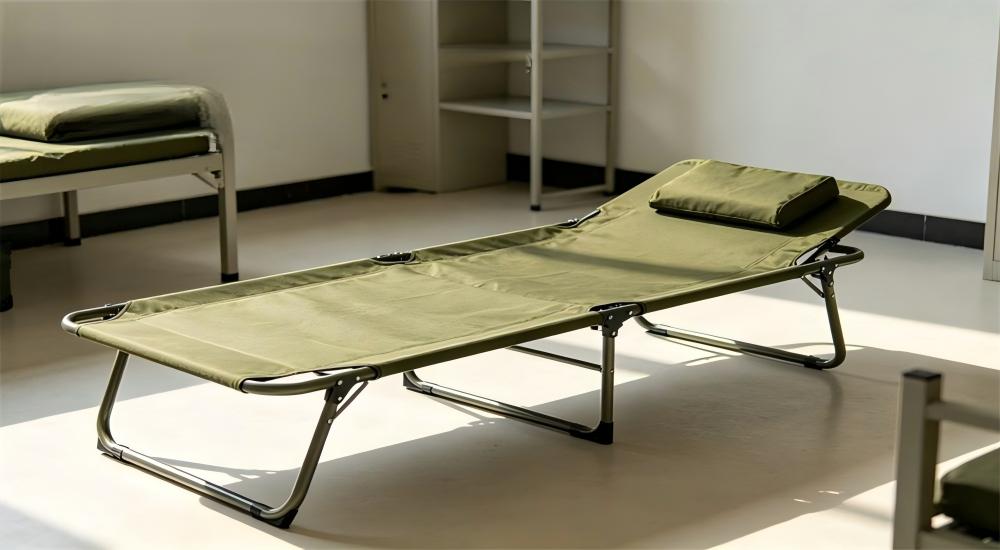 Steel military folding bed set up in a barracks for military folding camp mattress wholesale supplier for military folding camp bed wholesale and barracks furniture