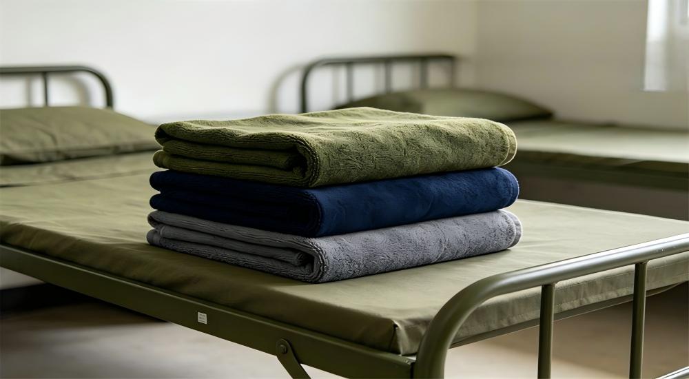 Military towels in three colours arranged on a cot for bulk military textiles towel supplier order for military textiles wholesale daily hygiene and camp supplies