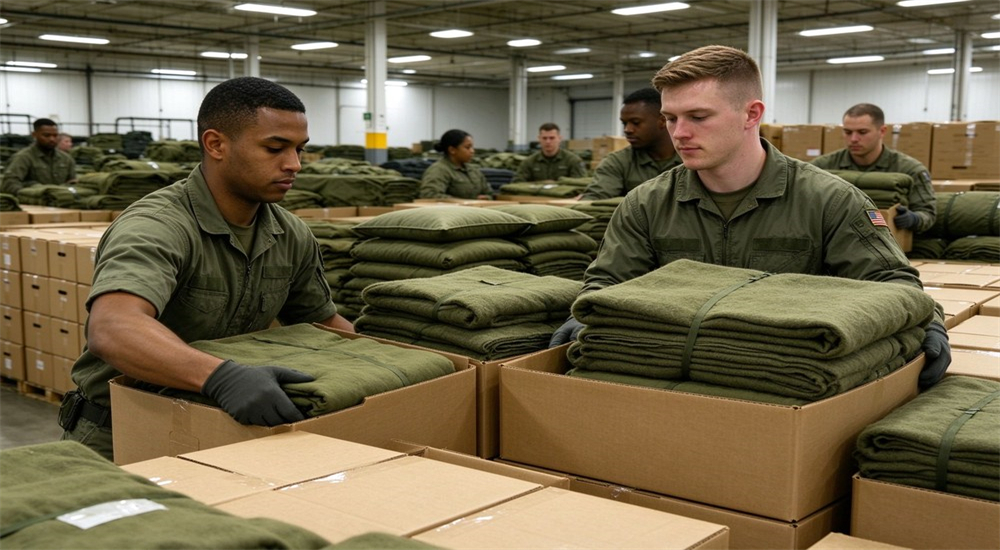 Workers pack thick olive green field blankets into cartons, robust heavy military bedding supplies.