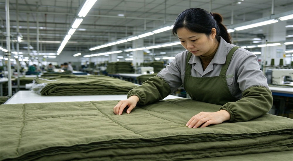 Worker inspects olive green field quilt, sturdy thick warm insulated bedding fabric material well.