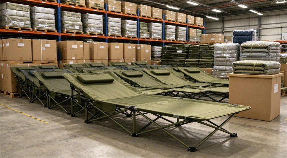 Portable olive green metal frame folding cots, stable heavy duty field rest beds for emergency use.