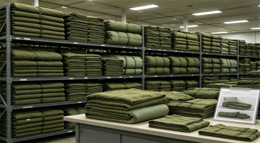Stacked olive green field sleeping bags, thick warm durable outdoor bedding goods for field missions.