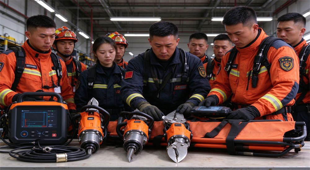 Firefighters examine hydraulic rescue cutters and spreaders on workbench in indoor station