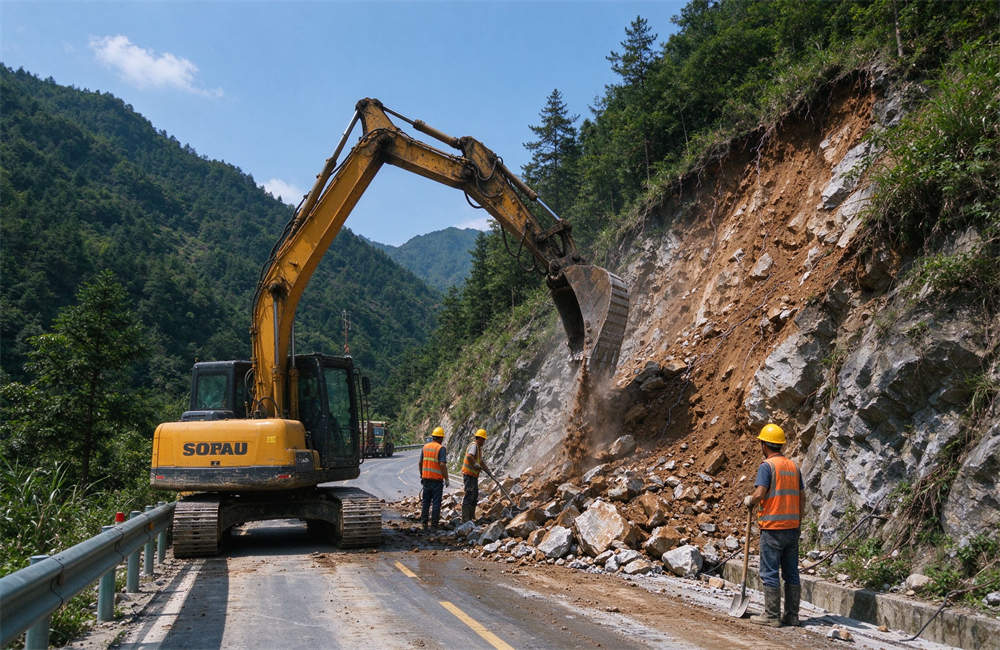 A mountain road being repaired after a landslide with an excavator and workers in safety vests for landslide rescue operations, wholesale pricing available