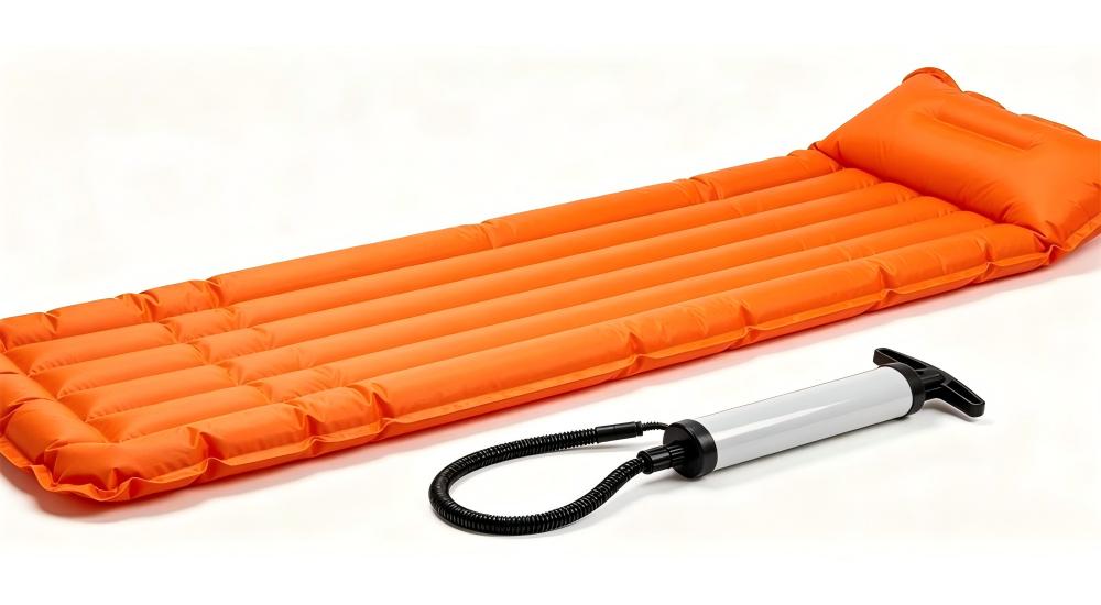 Orange inflatable air mattress with hand pump, portable air sleeping mat for emergency shelter