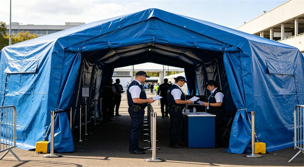 Large blue temporary inflatable disaster relief tent, staff work at service counter inside canopy