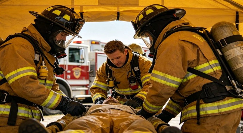 Firefighters perform casualty rescue operation under yellow emergency shelter tent