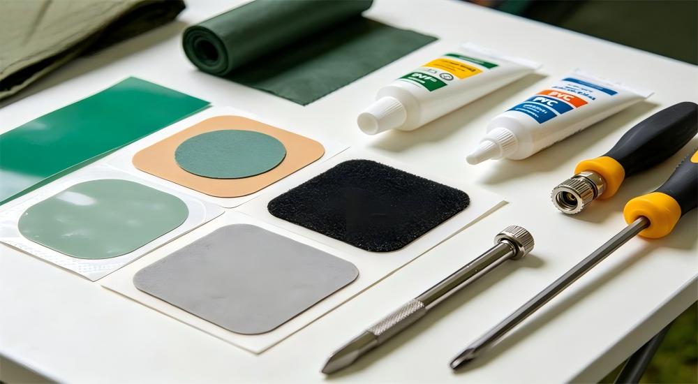 PVC inflatable tent repair kit, adhesive glue, fabric patches and maintenance tools on table