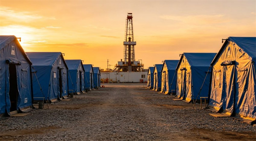 Oilfield worker camp accommodation tents at golden hour for offshore crew housing