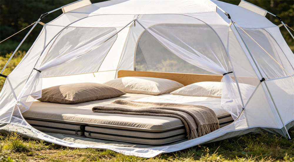 Remote camp tent and bedding combination showing complete accommodation setup