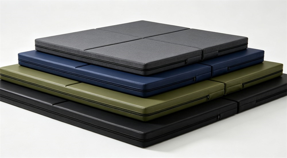 Multiple folding foam mattresses in dark grey navy olive green for remote camp bedding