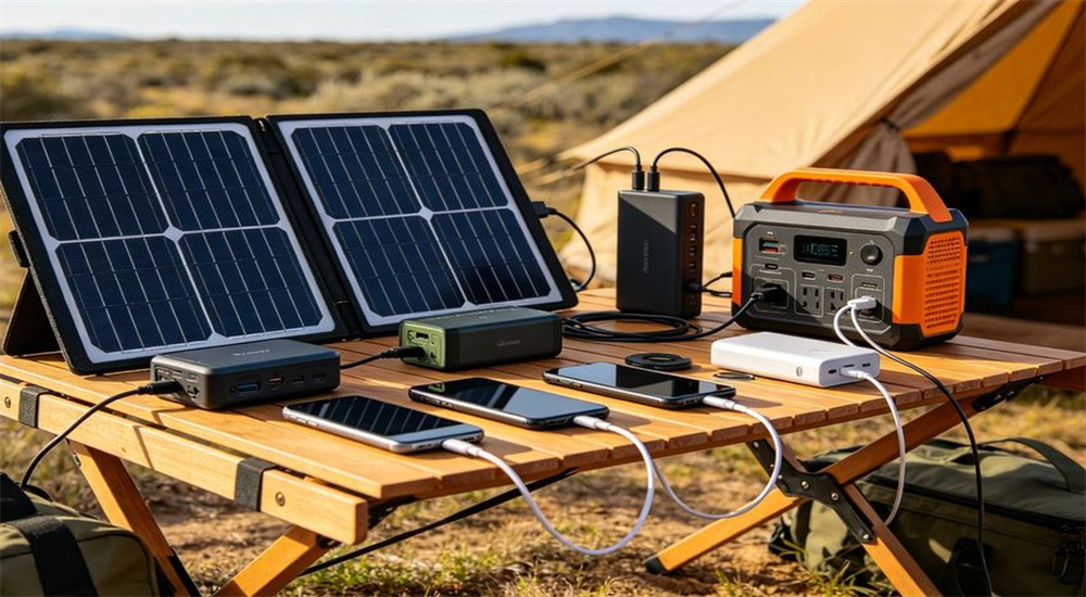 Solar charging station at remote camp for powering worker devices and lighting