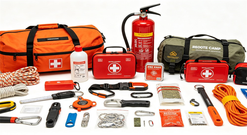 Fire safety station at remote camp with fire blanket smoke detector first aid kit