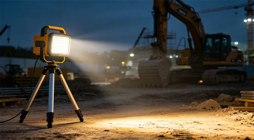 Rechargeable work light on tripod illuminating construction site at night