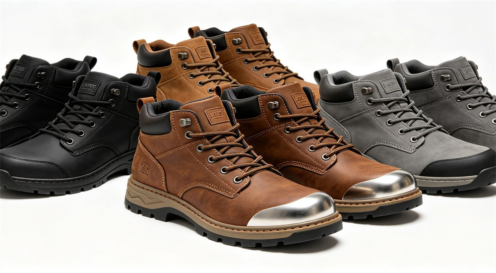 Multiple safety boots in black brown grey steel toe cap leather for worker foot protection