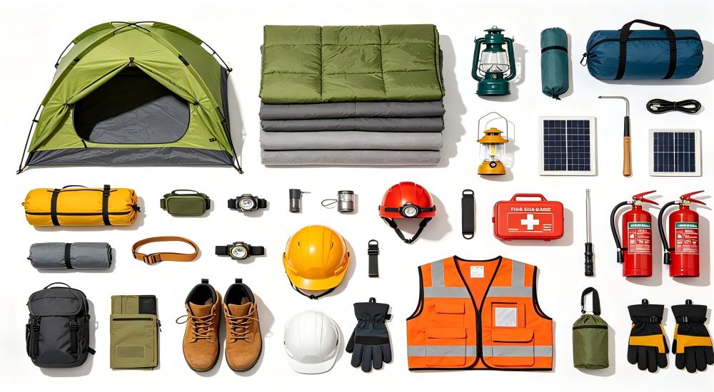 Complete remote camp supplies checklist flat lay with tents bedding lighting PPE and emergency equipment