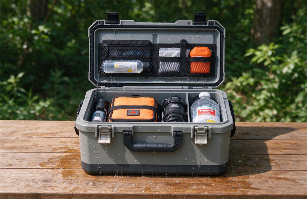 Waterproof storage box with emergency supplies inside, open on a wooden table, waterproof storage box bulk for coastal emergency kit.