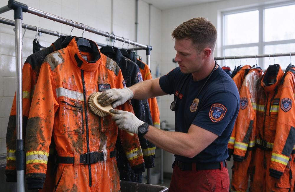Eye-level view of urban rescue team in emergency rescue clothing for orange with reflective trim rescue uniform city operation and emergency response clothing urban deployment for emergency rescue clothing buyers