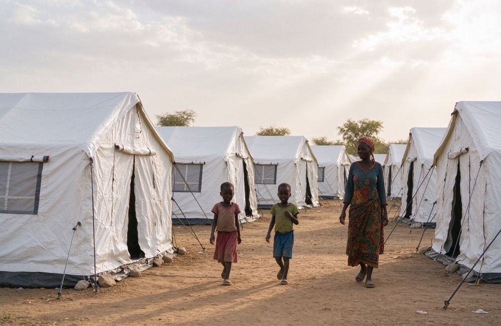 Bright African displacement camp with rows of white emergency family tents, an African woman and two children walking between tents on dry ground under soft clouds, showing relief tents