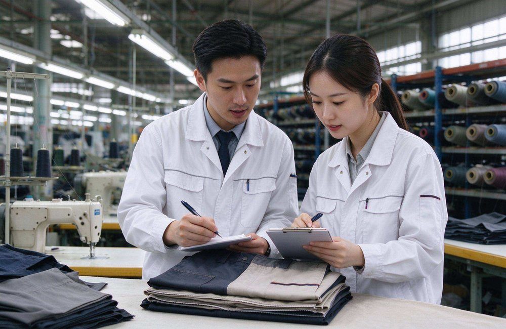 Asian quality inspectors measuring blanket chest and size in a bright production workshop, showing relief supply sample approval and quality control