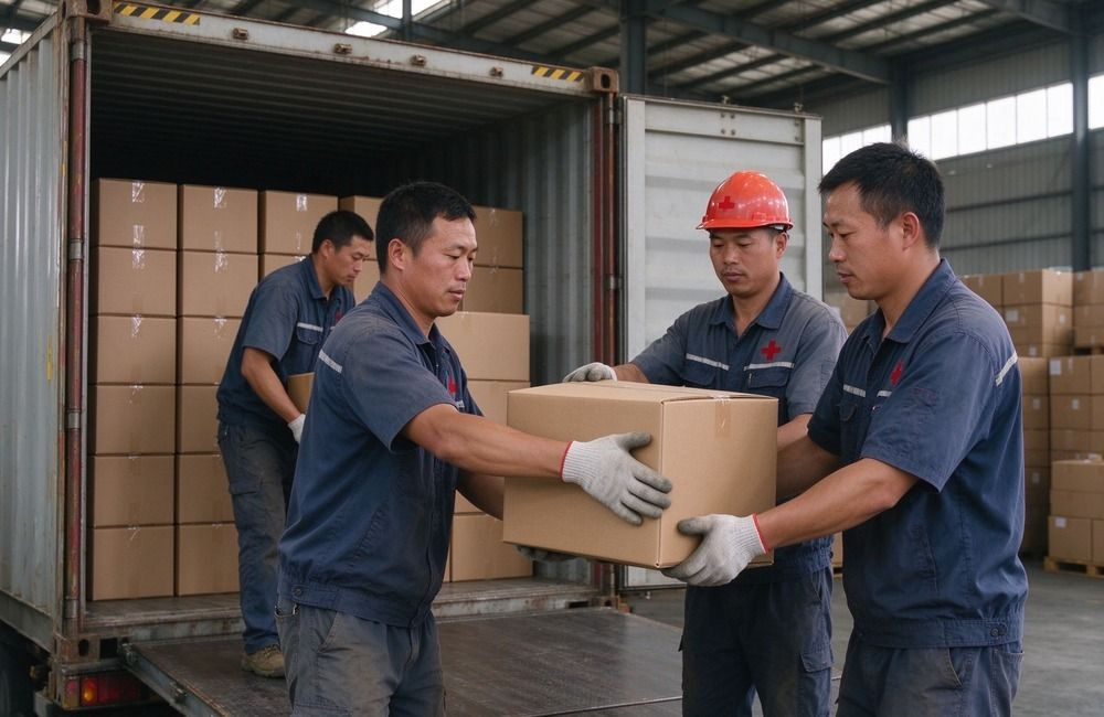 Shipping container being loaded with relief supply cartons at a bright dock, showing relief goods packing and ocean freight logistics