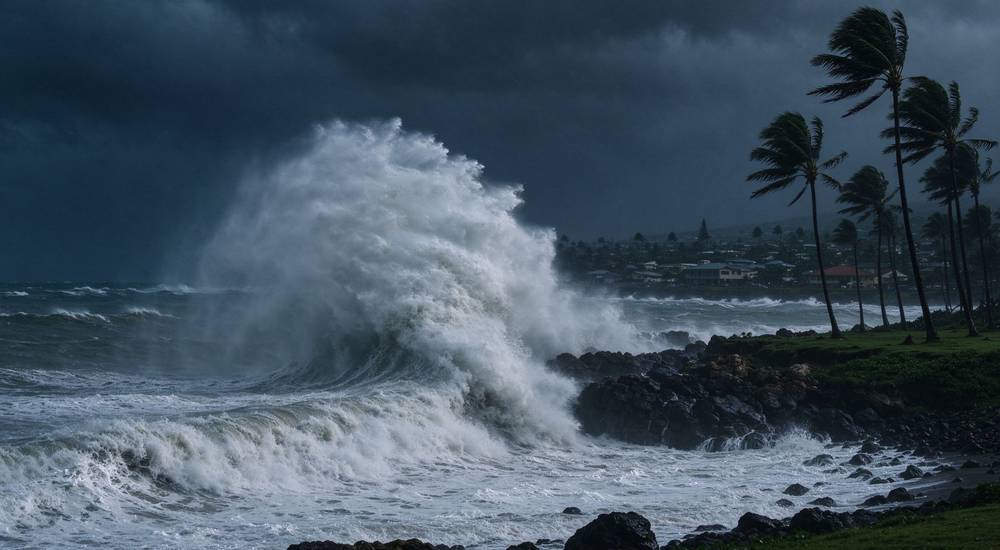 Dramatic coastal storm with large waves crashing against shore, palm trees bending in strong wind, weather disaster preparedness supplies