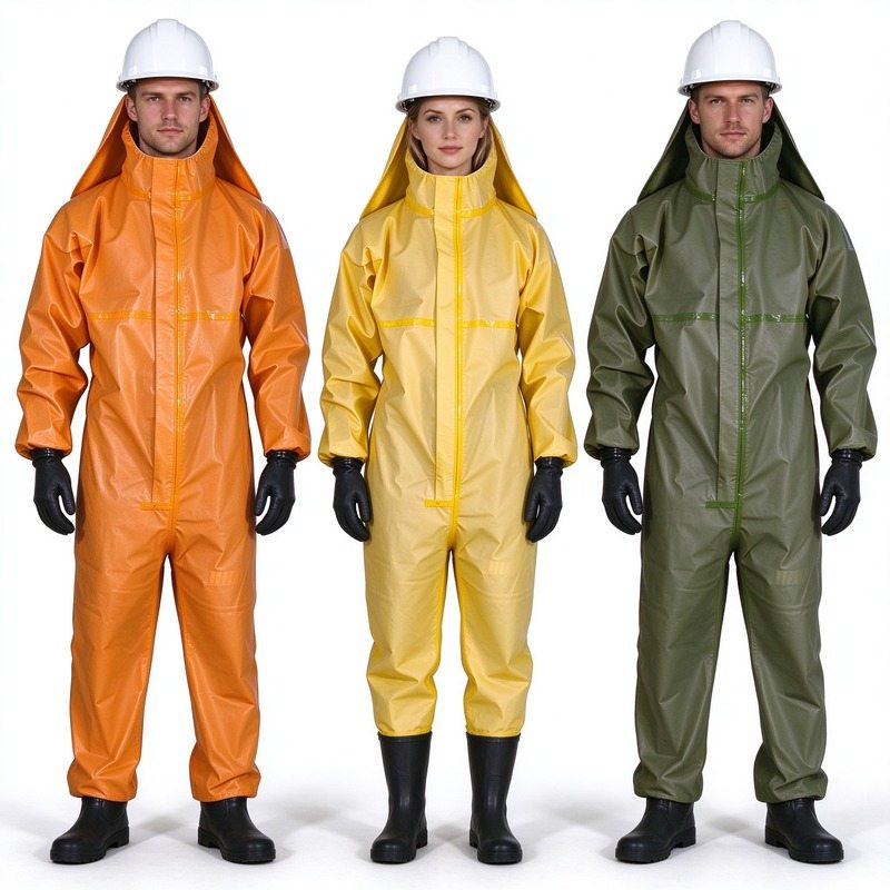 Three full body chemical resistant coveralls in orange,yellow and olive green, fitted with safety helmets, black protective gloves and rubber boots, heavy duty industrial hazmat suits