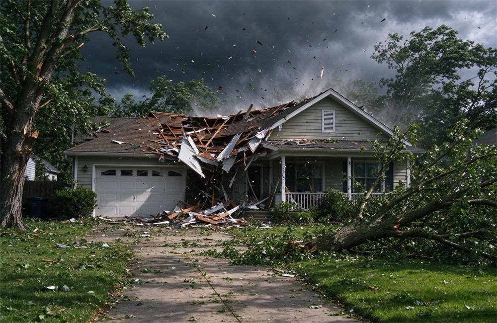 High wind storm damage showing a residential house roof torn off by severe weather, fallen trees across driveway, emergency disaster relief and windstorm recovery supplies