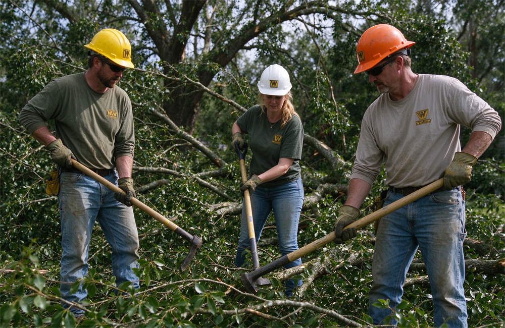 Western volunteers wearing colorful safety hard hats clearing fallen tree debris after high wind storm, emergency response team with EN397 certified head protection