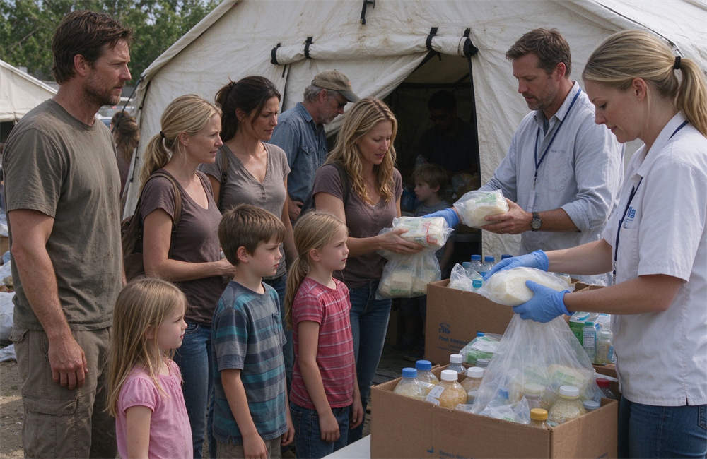 Western families lining up at relief distribution tent receiving emergency supplies, disaster relief distribution and windstorm recovery aid operations for affected communities
