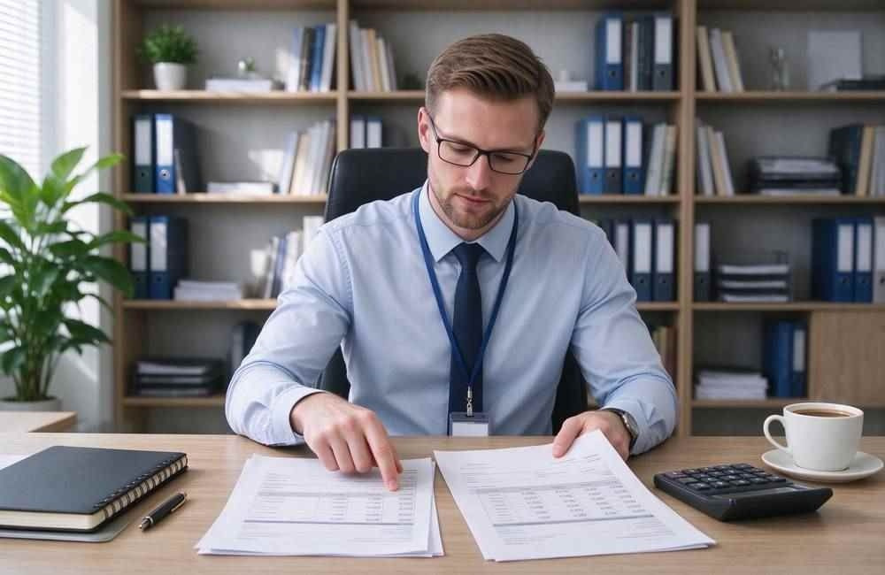 Buyer comparing written relief supplier quotes and price tables at a bright office desk, showing relief supplier requirements pricing evaluation