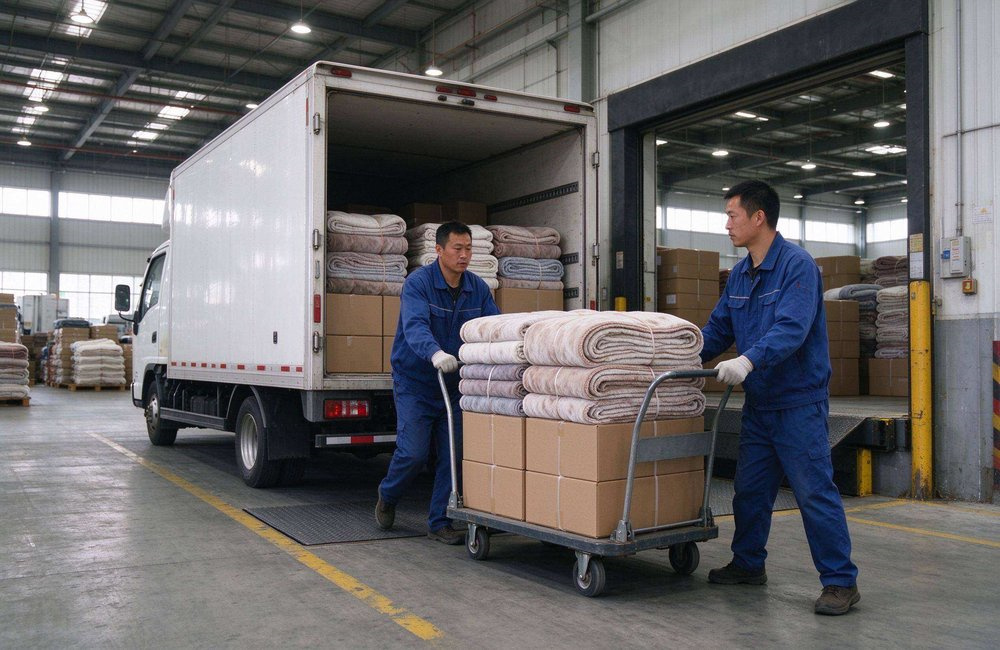 Bright relief supply truck loaded with humanitarian relief blankets cartons departing a warehouse, showing Red Cross relief supply chain field delivery