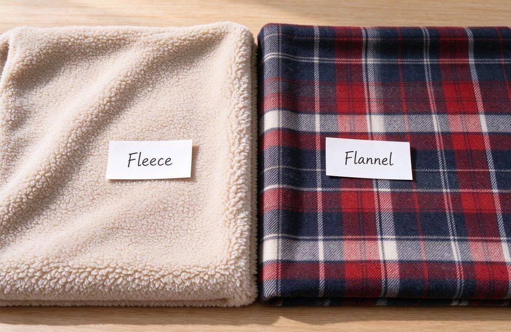 Side-by-side fabric close-up showing fleece versus flannel blanket textures with visible fiber detail, for buyers comparing UNHCR standard blankets material options before quoting