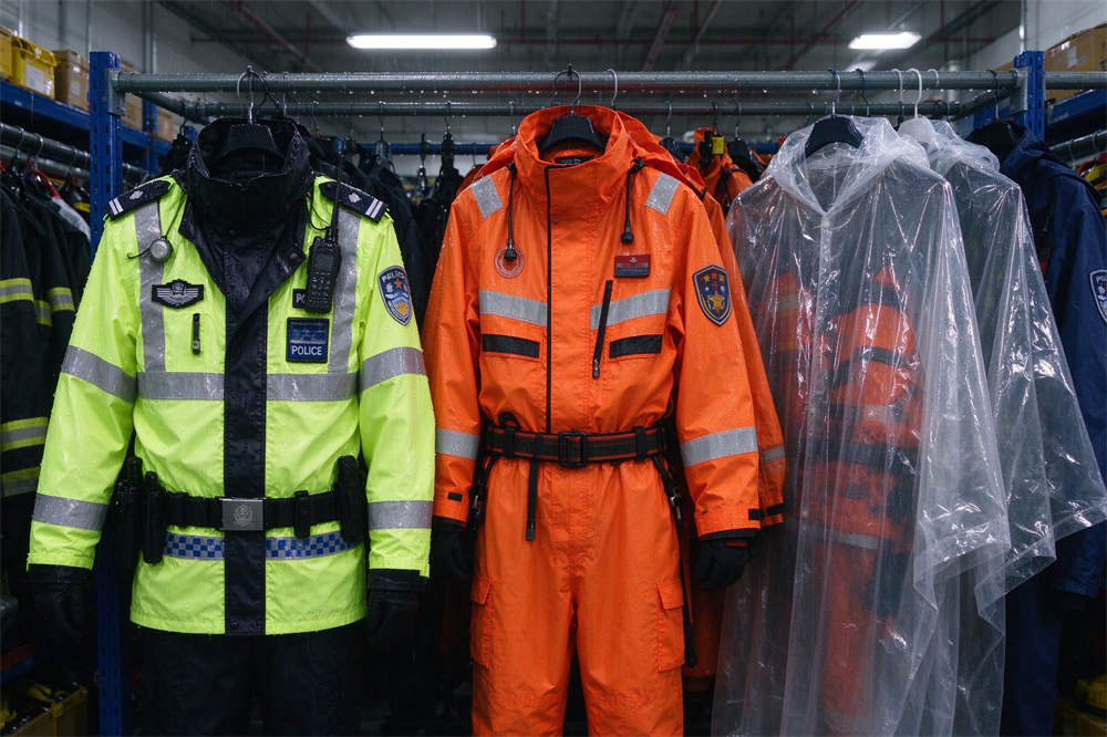 Waterproof rain gear three styles: police reflective, rescue orange, transparent PVC, disaster preparedness supplies for flood and storm emergencies