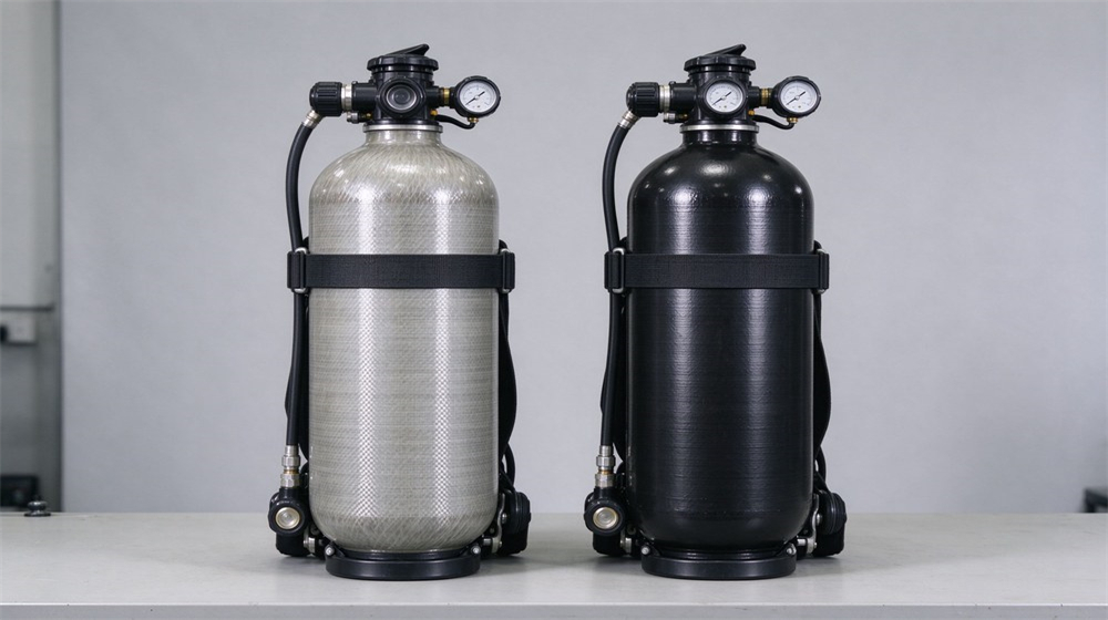 Side by side comparison of a lightweight carbon fiber wrapped SCBA cylinder beside a heavier steel cylinder on light gray background, showing weight difference visually
