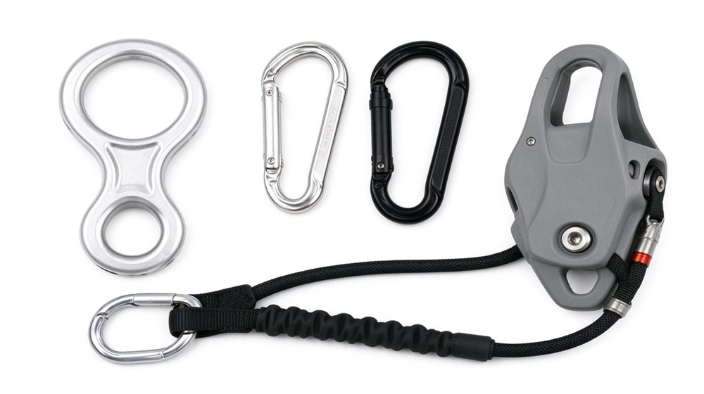 Close-up studio shot of a descender device and four locking carabiners in silver aluminum arranged on light gray background, gate mechanisms visible