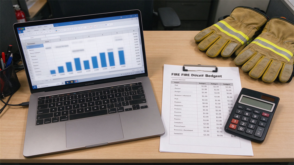 Top-down office desk with open laptop showing a blurred spreadsheet, printed fire gear budget sheet, calculator and firefighter gloves in corner, warm lighting