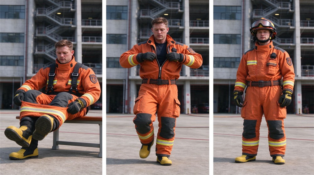 Firefighter demonstrates step-by-step wearing process of orange fire suit in fire station yard