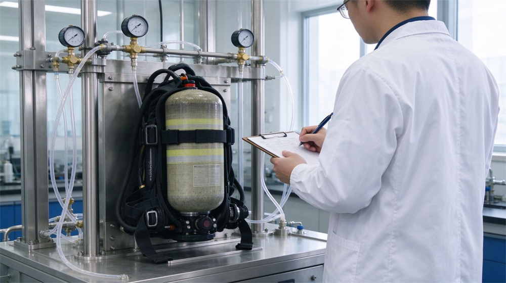 Technician records test data of self-contained breathing apparatus on laboratory pressure testing equipment