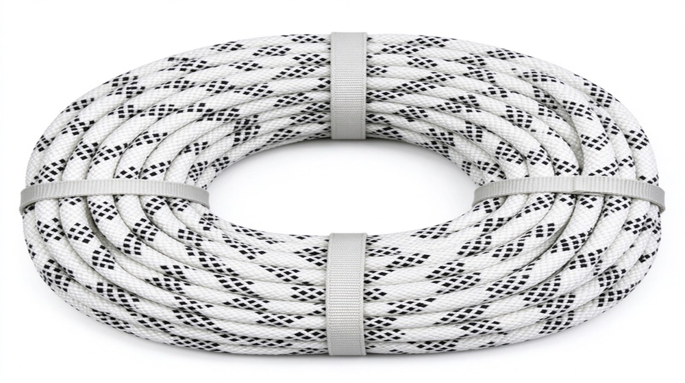 Coiled white dynamic rescue rope with black pattern on plain white background