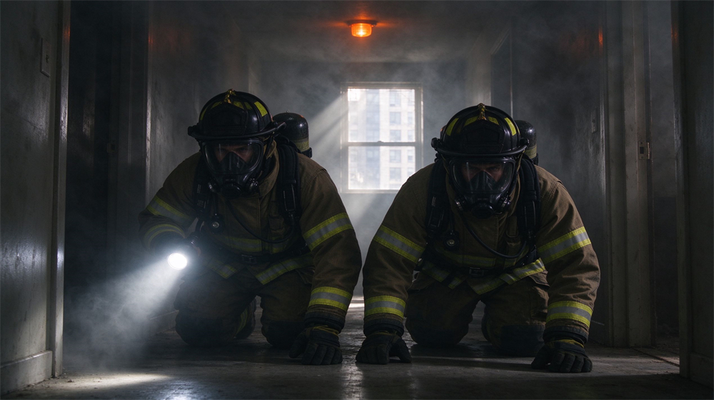 Interior shot of two Caucasian firefighters in brown turnout gear and SCBA masks crawling low through a smoke filled high rise hallway, one holding a flashlight beam, orange emergency light glowing, daylight from a window at the end