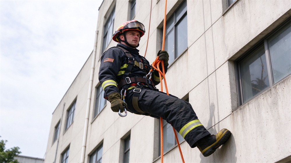 Outdoor daytime shot of a firefighter in full gear rappelling down the side of a multi story building on a thick rope harness, concrete facade and windows, controlled descent technique, professional rescue training