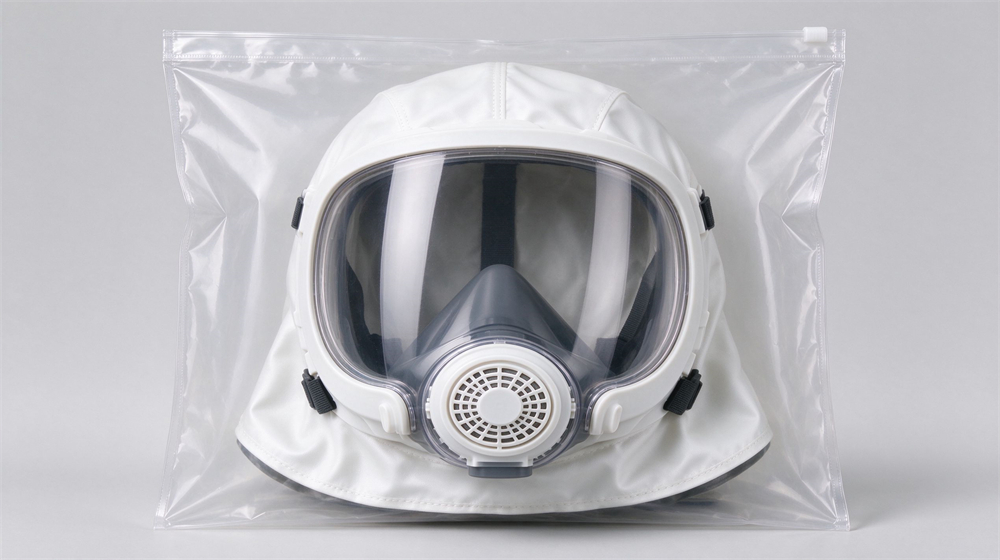 Studio product shot on light gray background of a white silicone consumer fire escape hood with clear visor and circular breathing filter, sealed inside a clear blank plastic pouch, product centered filling eighty percent of frame