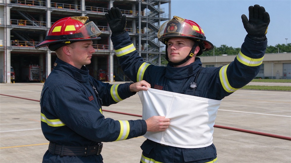 Training drill scene of a person in casual clothes being wrapped in a large fiberglass fire blanket by two instructors during a community fire safety class, indoor room, focused demonstration atmosphere