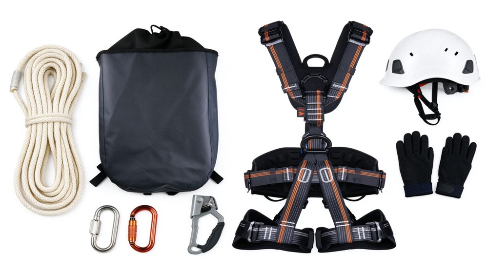 Studio layout on light gray background of a personal high rise escape kit: orange escape rope with figure eight descender, black full body harness, steel carabiners, and a small storage bag, clean product photography