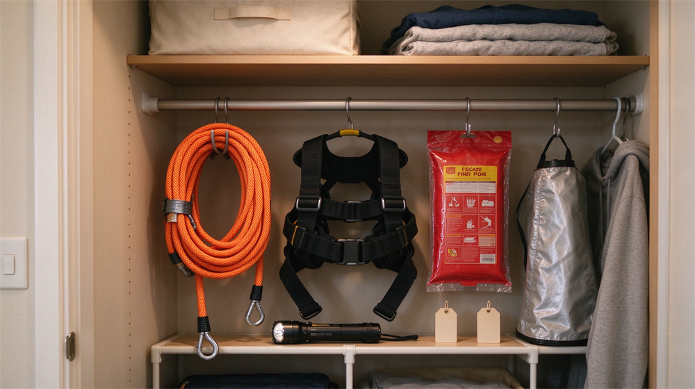 Home closet interior showing an organized escape kit storage shelf: orange escape rope on a hook, black harness hanging, red packaged fire blanket, flashlight and hood pouch, warm indoor light, tidy prepared household